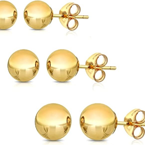 14K Solid Gold Ball Stud Earrings Set - Picture 4 of 7
